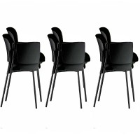 Packung mit 6 Step-Stühlen mit schwarzer Epoxidstruktur und Polsterung aus Baly (Textil) oder Kunstleder in verschiedenen Farben mit Spatenarm